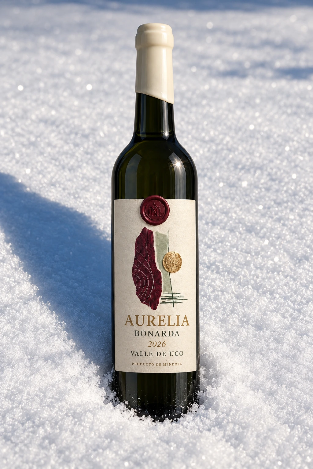 Botella de Aurelia Bonarda parcialmente enterrada en la nieve