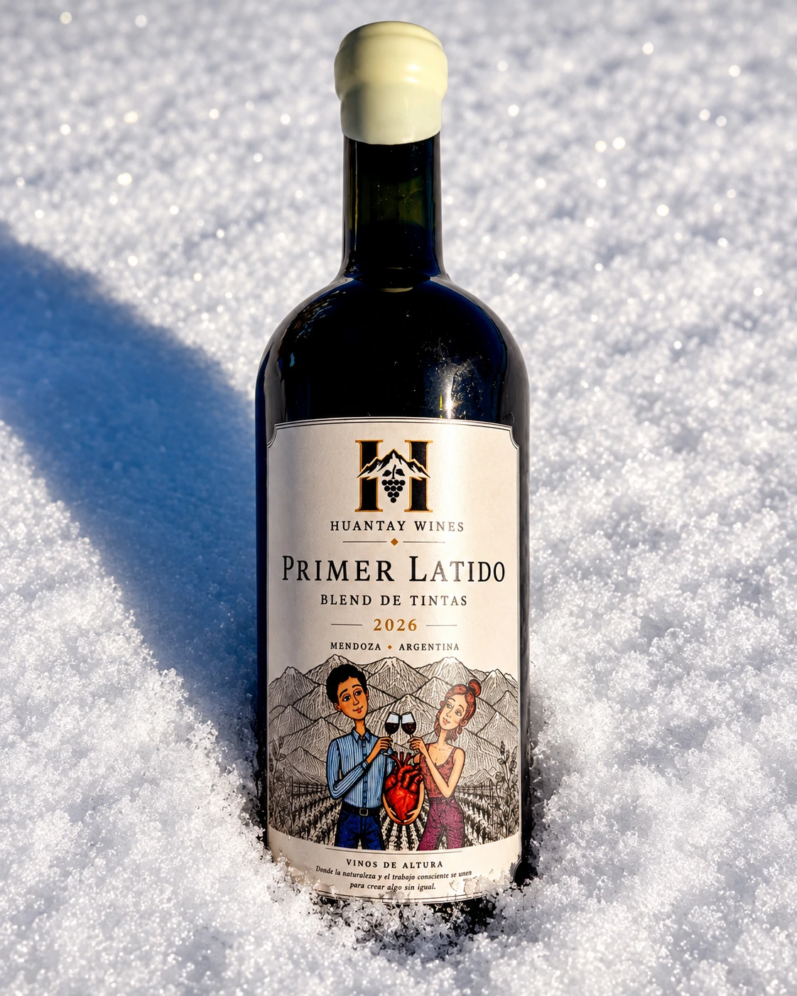 Botella de Primer Latido parcialmente enterrada en la nieve